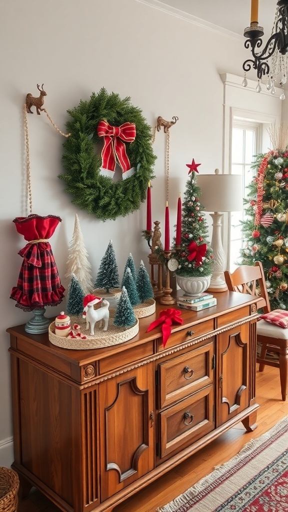 A beautifully decorated dining room with vintage Christmas accents, including a wreath, figurines, and festive decor.