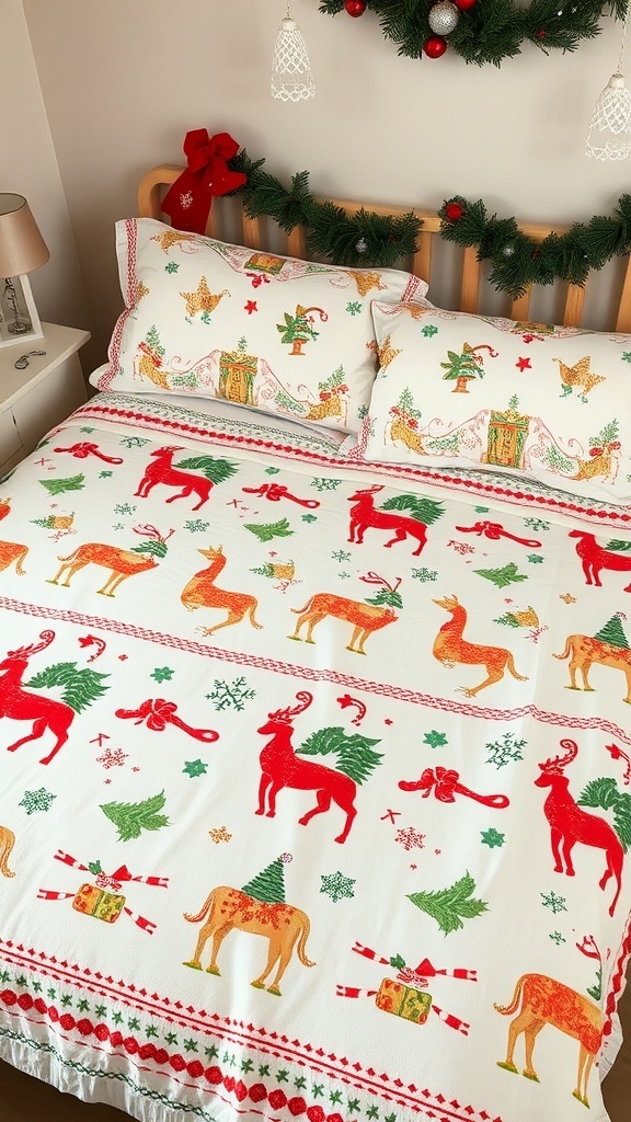 A vintage Christmas bedspread featuring reindeer, trees, and gifts.