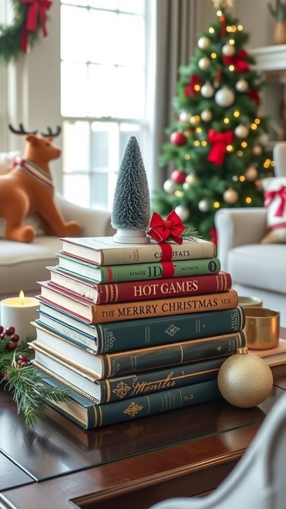 A stack of vintage Christmas books on a coffee table with holiday decor.