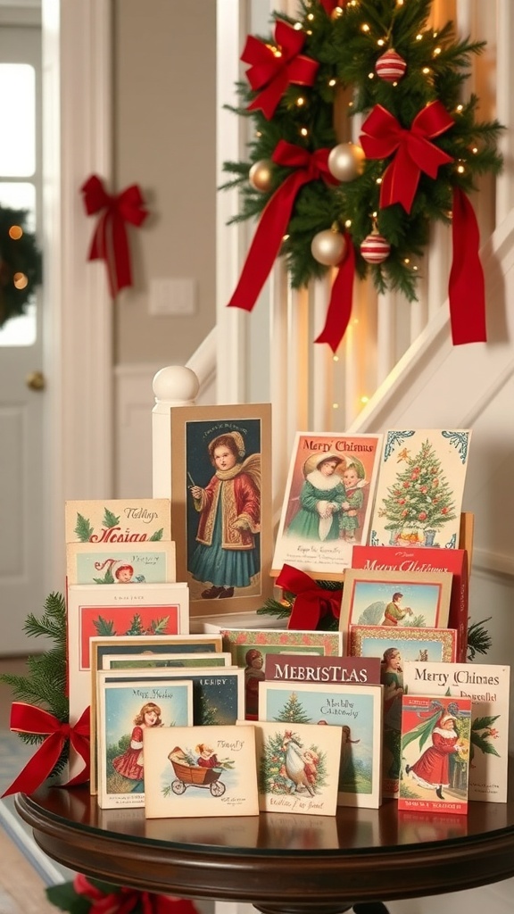 A collection of vintage Christmas cards displayed on a table, surrounded by holiday decorations.