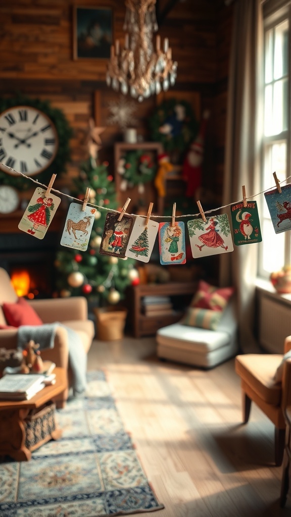 A cozy living room decorated with vintage Christmas cards hanging on a string.