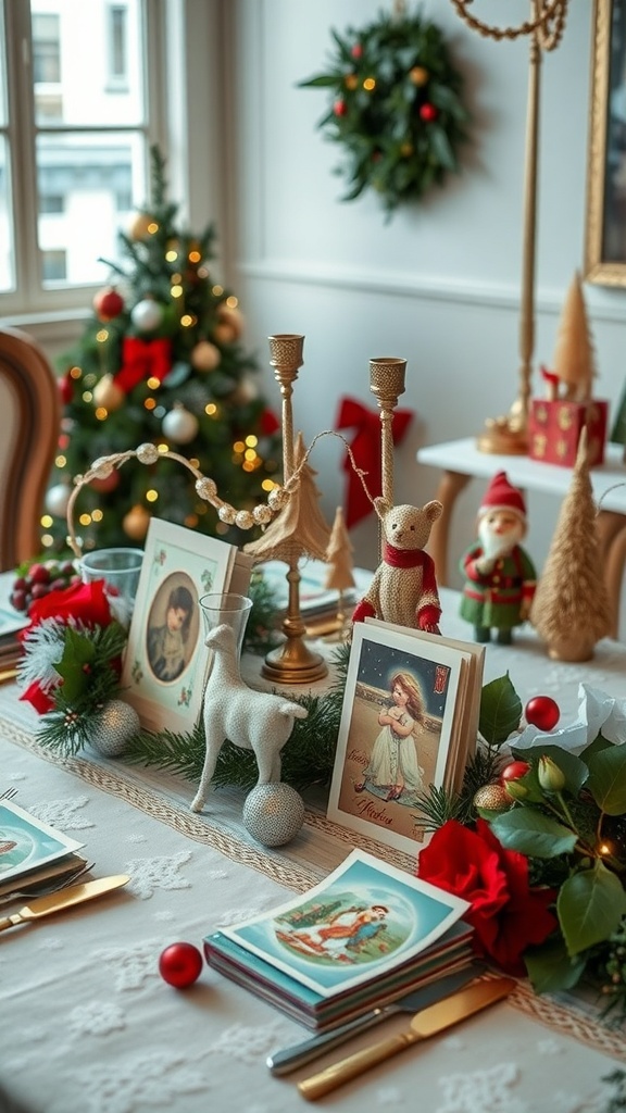 A beautifully decorated Christmas table featuring vintage cards, festive decor, and a cozy atmosphere.