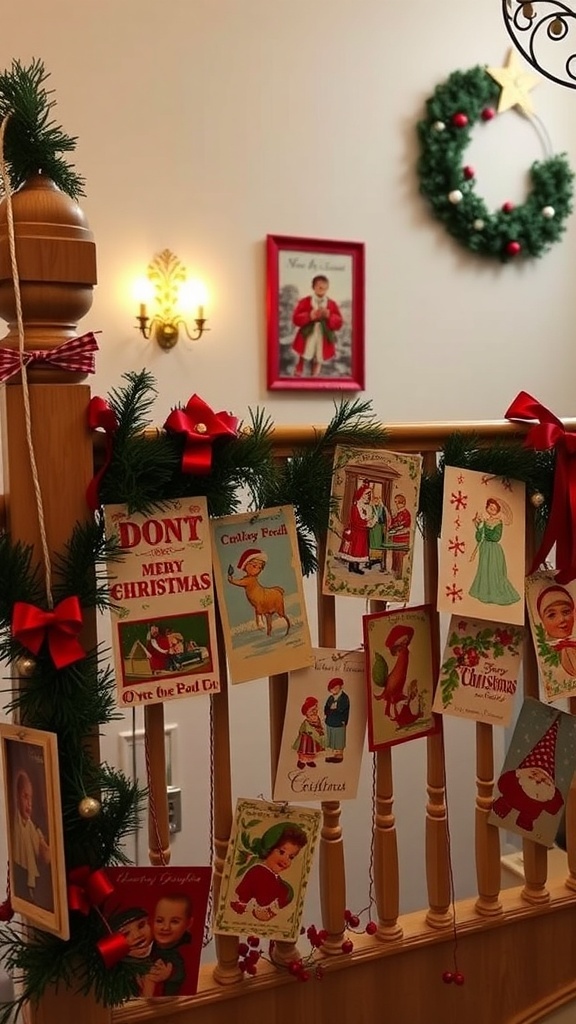 A festive banister decorated with vintage Christmas cards and greenery.