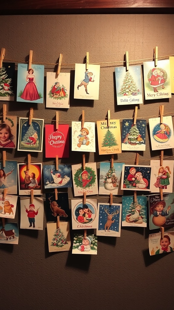 A display of vintage Christmas cards hanging on a string with clothespins.