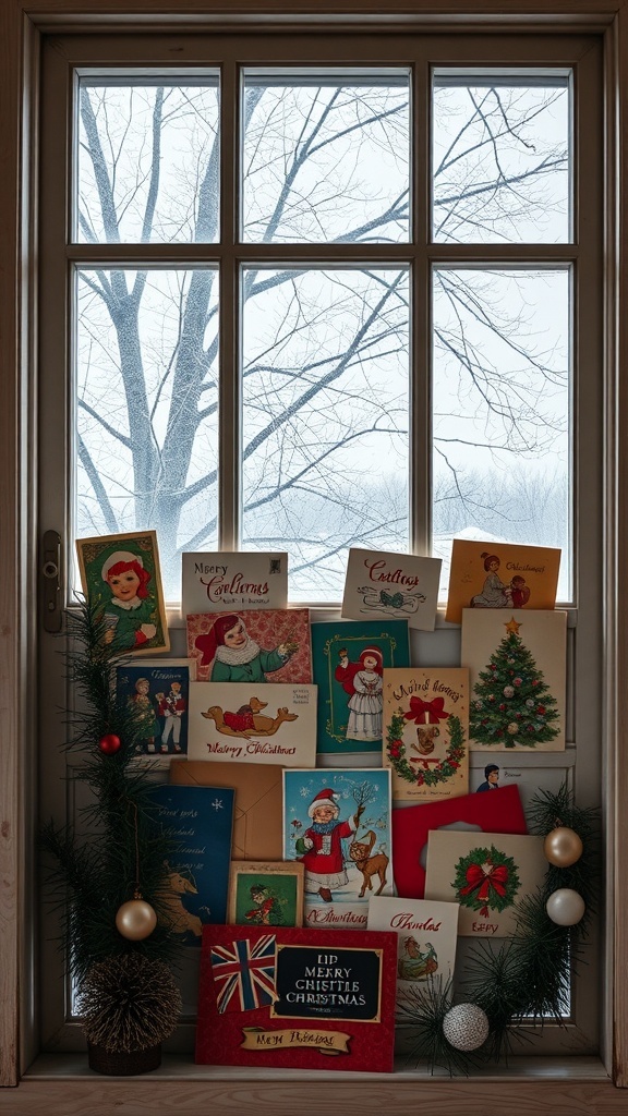 A collection of vintage Christmas cards displayed in a window, surrounded by holiday decorations.