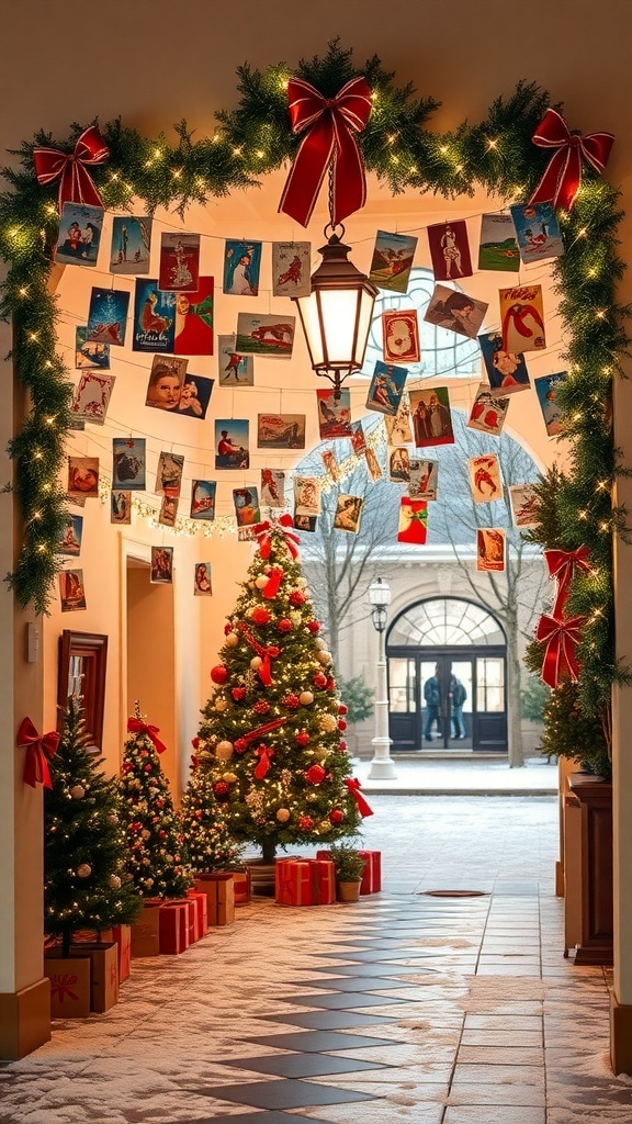 An indoor Christmas archway decorated with vintage cards and festive greenery.