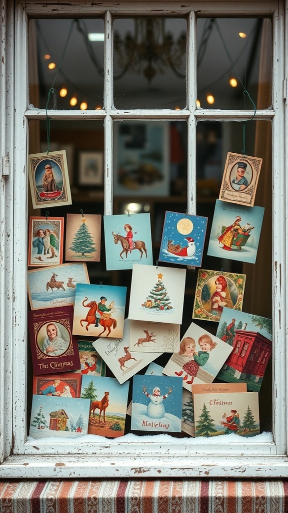 A window decorated with vintage Christmas cards featuring festive designs.