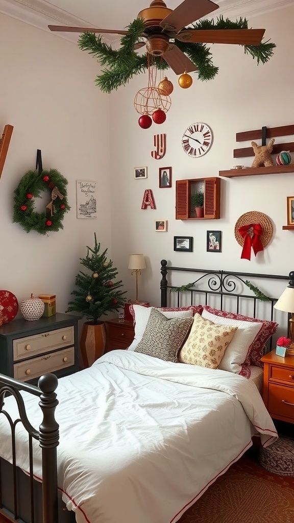 A cozy bedroom decorated for Christmas with vintage elements like a small tree, wreath, and festive ornaments.