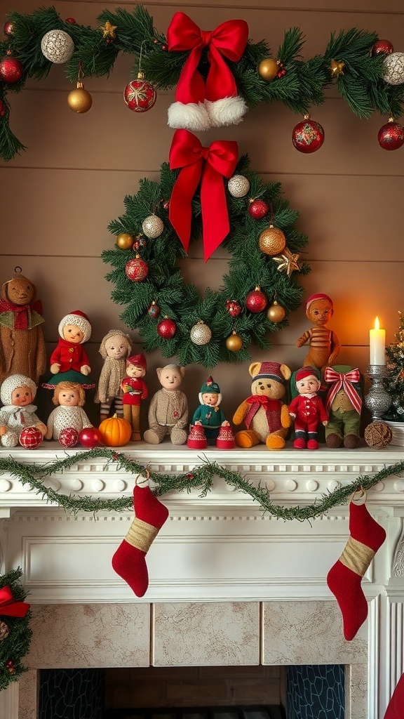 A vintage Christmas mantle decorated with dolls, ornaments, and a wreath.