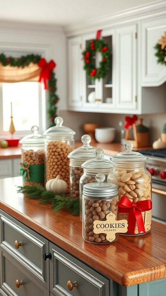 A vintage-style cookie display on a kitchen island with glass jars filled with cookies and festive decorations.