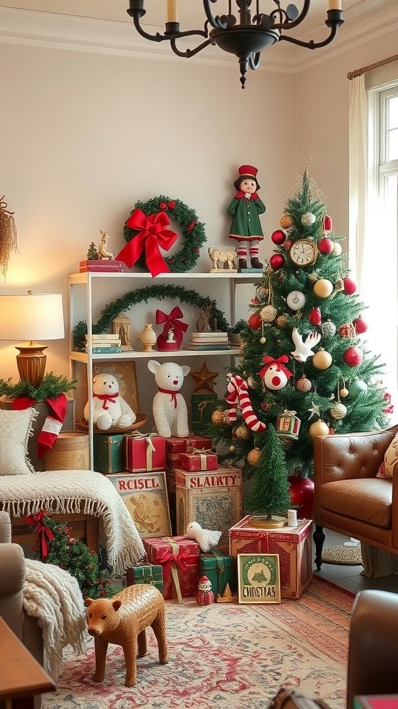 A cozy living room decorated with vintage Christmas decor, featuring a tree, ornaments, and classic toys.