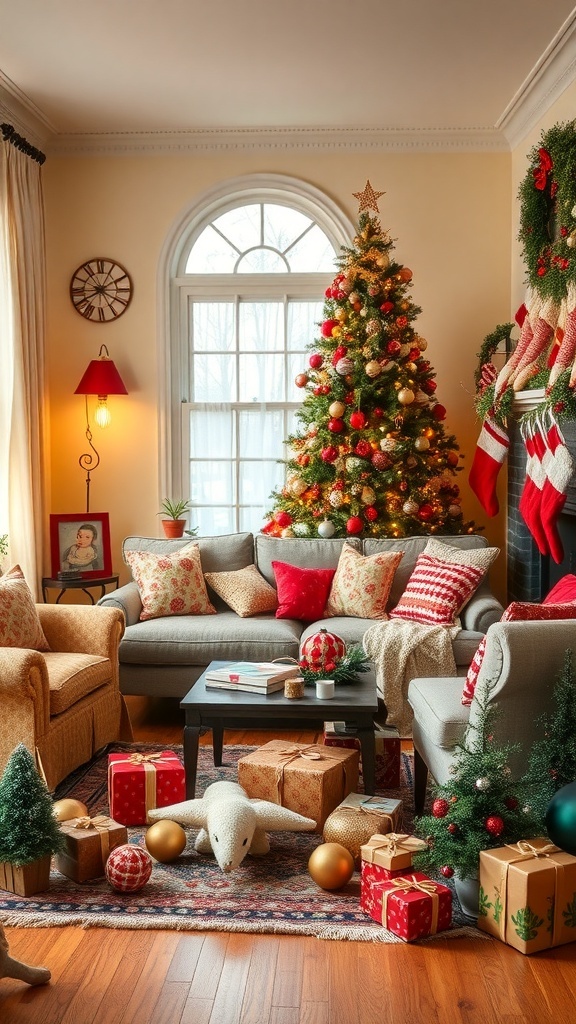 Cozy living room decorated for Christmas with vintage decor, including a Christmas tree and wrapped gifts.