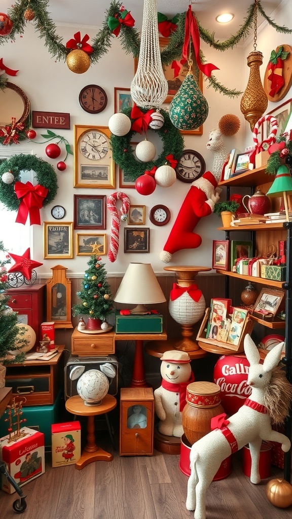 A cozy room decorated with vintage Christmas decor, featuring ornaments, wreaths, and nostalgic items.