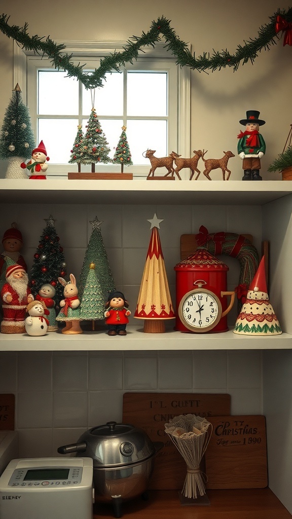 A vintage Christmas kitchen decor display with figurines, trees, and ornaments.