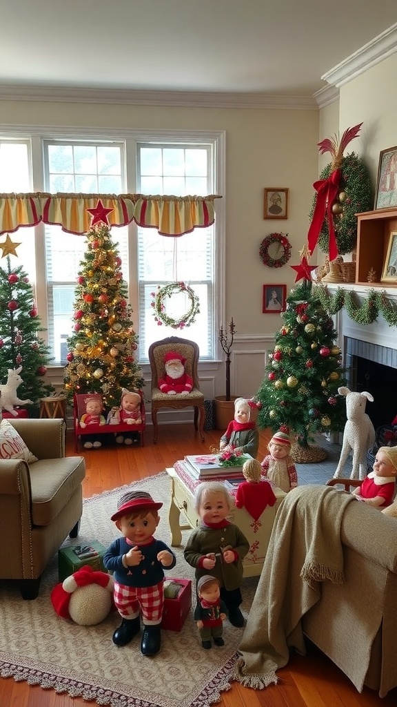 A cozy living room decorated for Christmas with vintage dolls, trees, and ornaments.