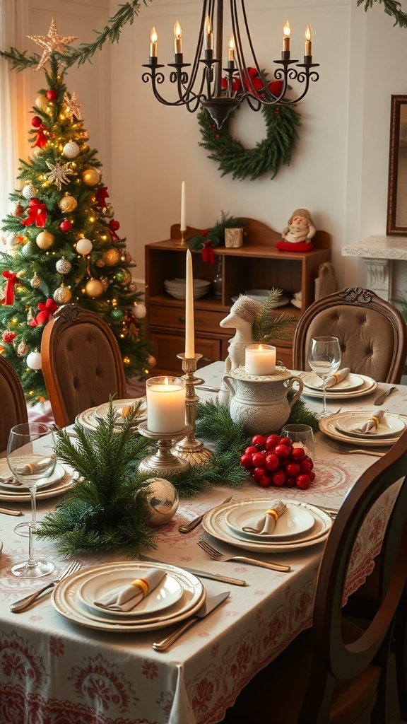 A beautifully set Christmas table with vintage decor, featuring candles, greenery, and heirloom plates.