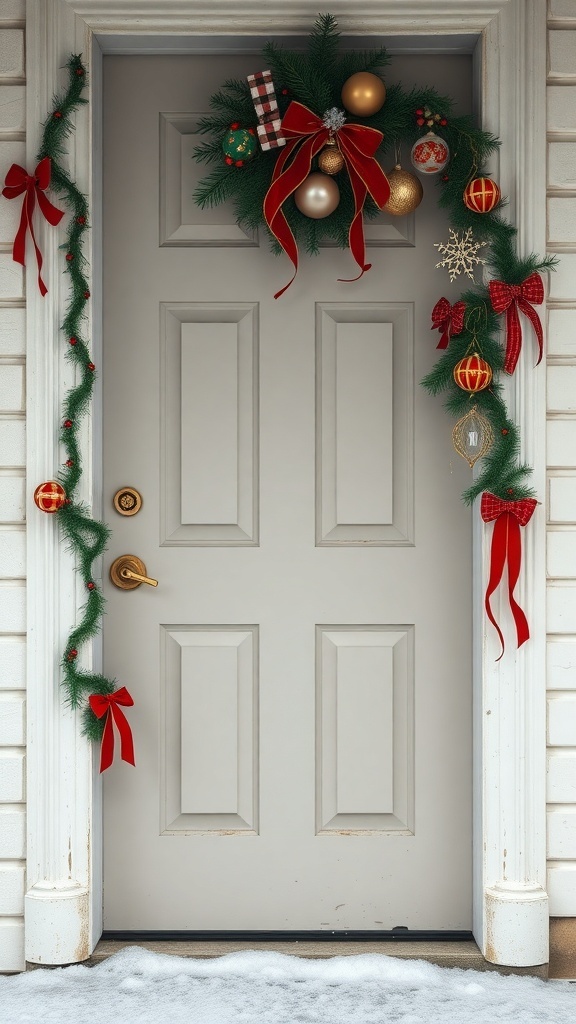A beautifully decorated front door for Christmas with a wreath and garland.