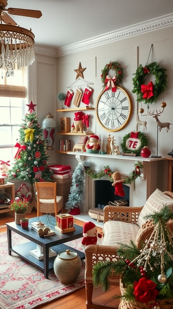 A cozy vintage-themed Christmas living room with a decorated tree, stockings, and festive decor.