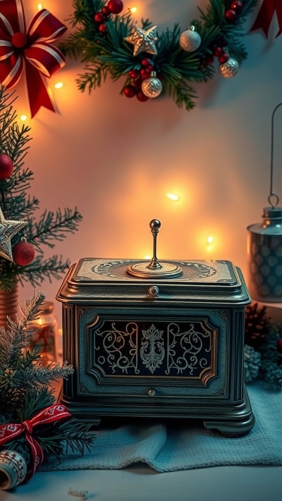A vintage music box surrounded by Christmas decorations, including a wreath and ornaments.