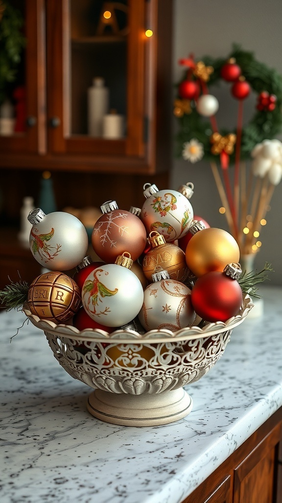 A decorative bowl filled with vintage Christmas ornaments on a countertop.