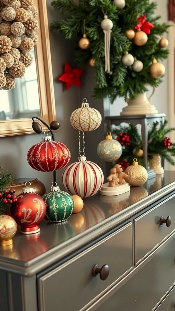 A vintage Christmas decor scene featuring ornaments, a small tree, and a decorated dresser.