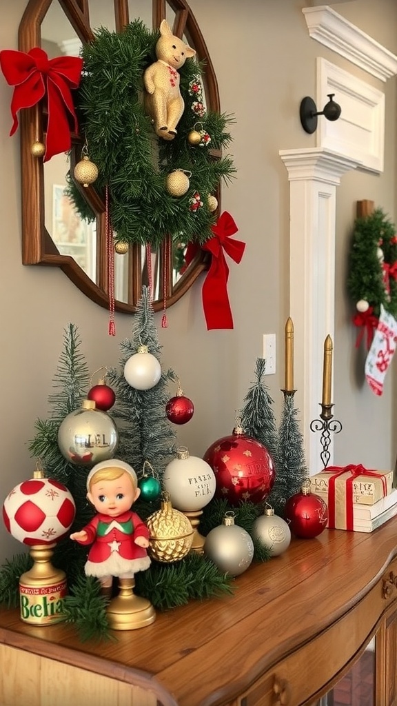 A festive entryway table decorated with vintage Christmas ornaments, a small tree, and a wreath.