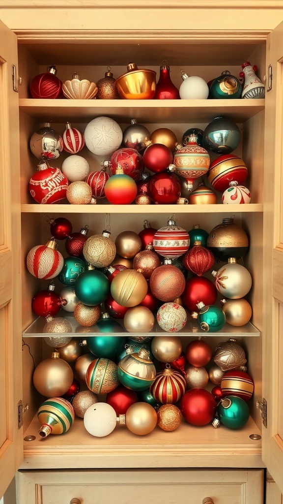 A cabinet filled with vintage Christmas ornaments in various colors and designs.