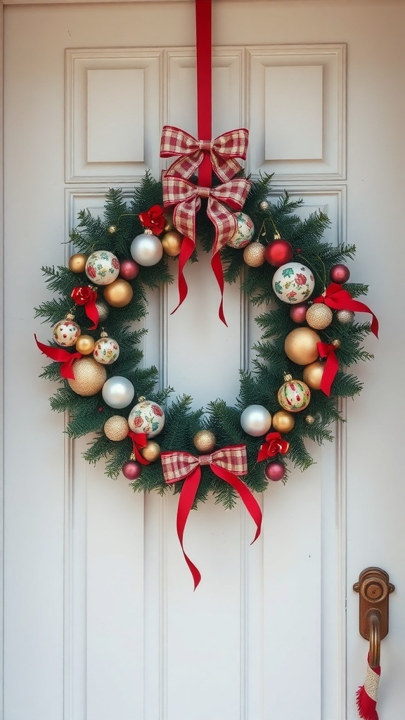 A winter wreath decorated with vintage Christmas ornaments and ribbons.