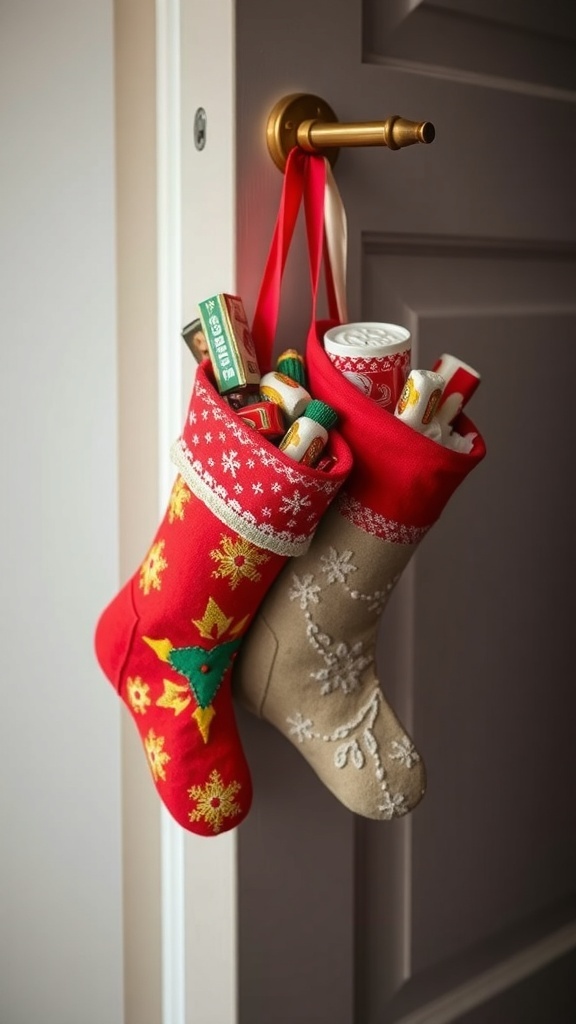 Two vintage Christmas stockings hanging on a door, one red with festive designs and one beige with embroidery.