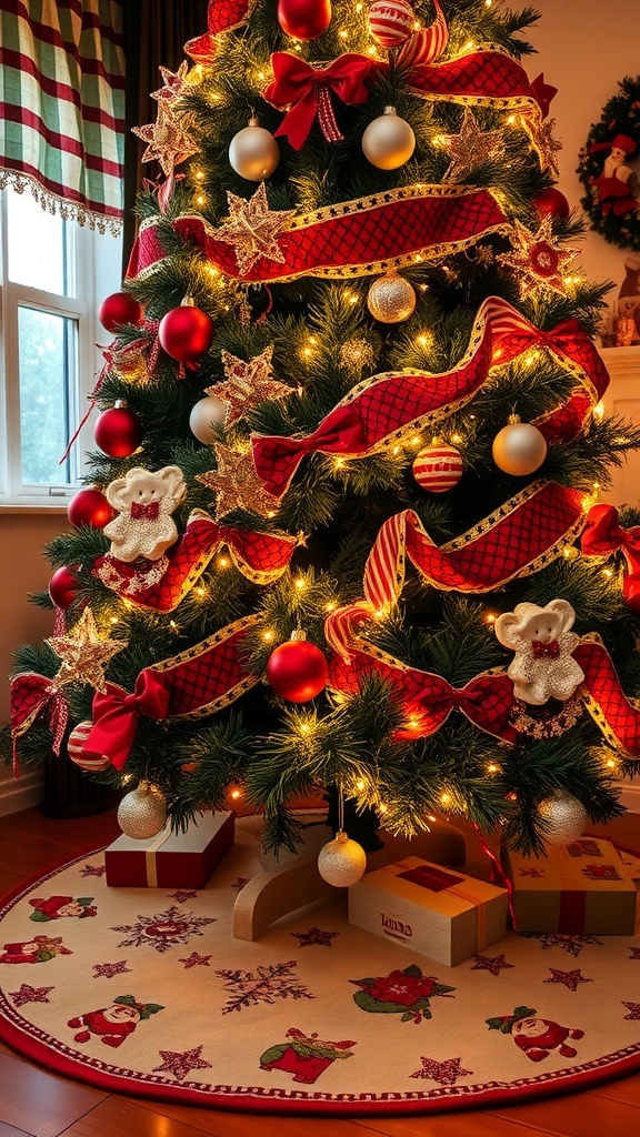 A vintage Christmas tree skirt with Santa and star designs under a beautifully decorated Christmas tree.