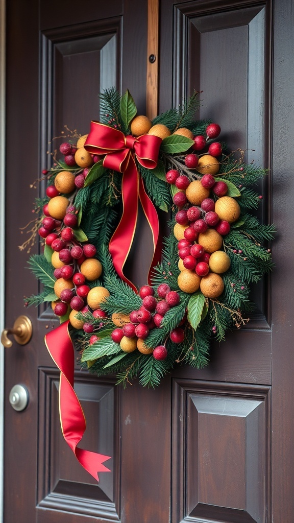 A vintage Christmas wreath with red and gold ornaments and a red bow on a wooden door.