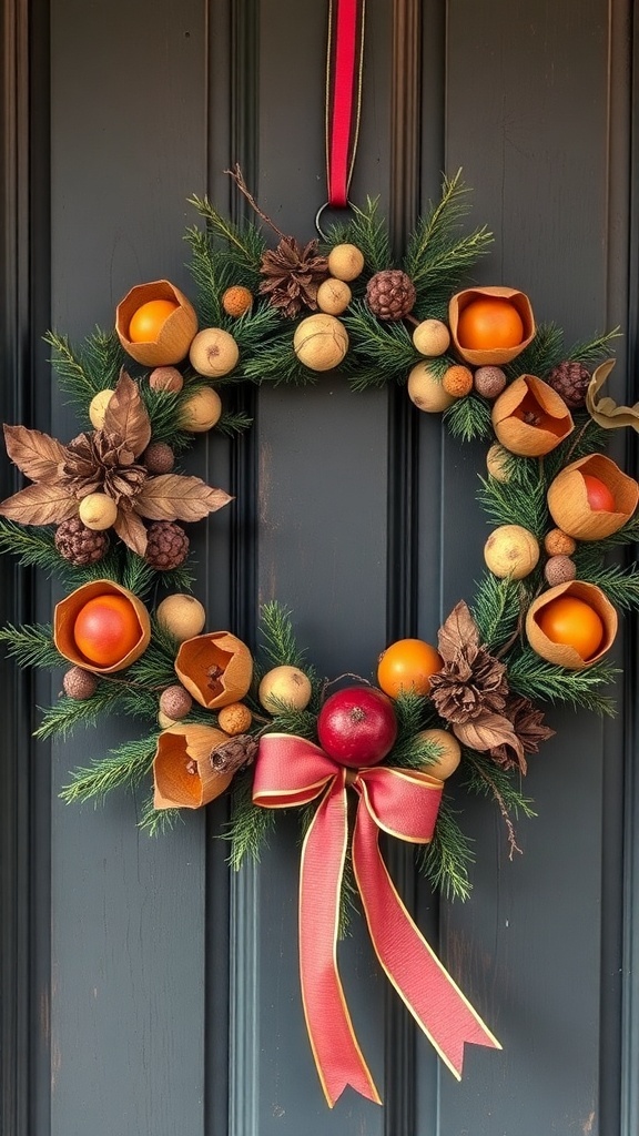 A vintage-inspired Christmas wreath featuring pinecones, dried fruits, and a red ribbon.