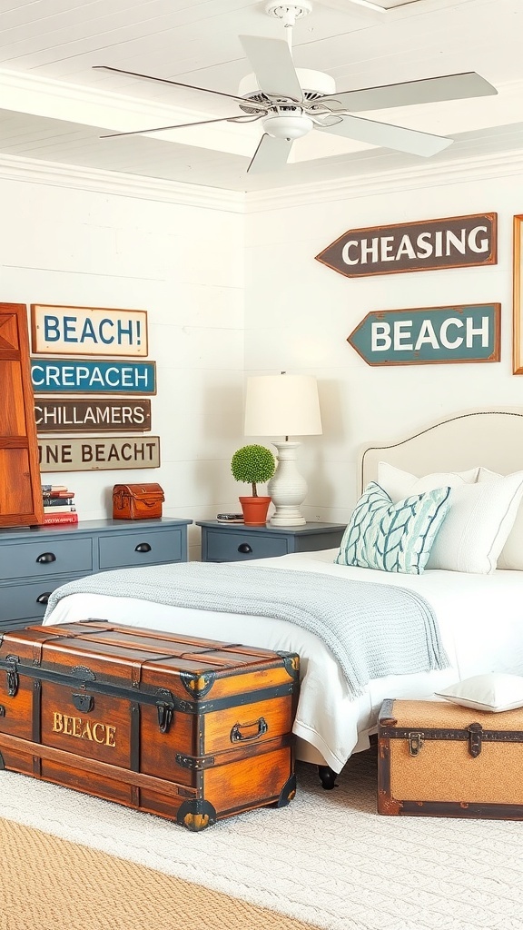 A vintage coastal bedroom featuring a wooden trunk, beach-themed signs, and soft bedding.