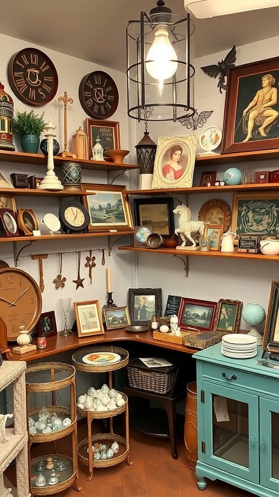 A cozy hobby room displaying various vintage collectibles on wooden shelves.