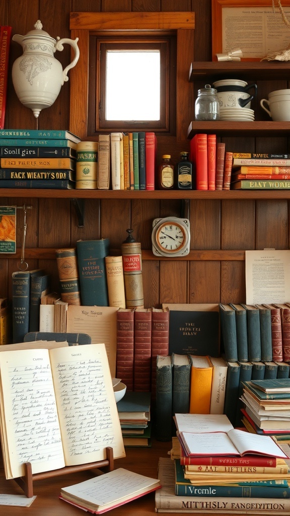 A cozy vintage farmhouse kitchen with shelves filled with cookbooks and recipe cards.