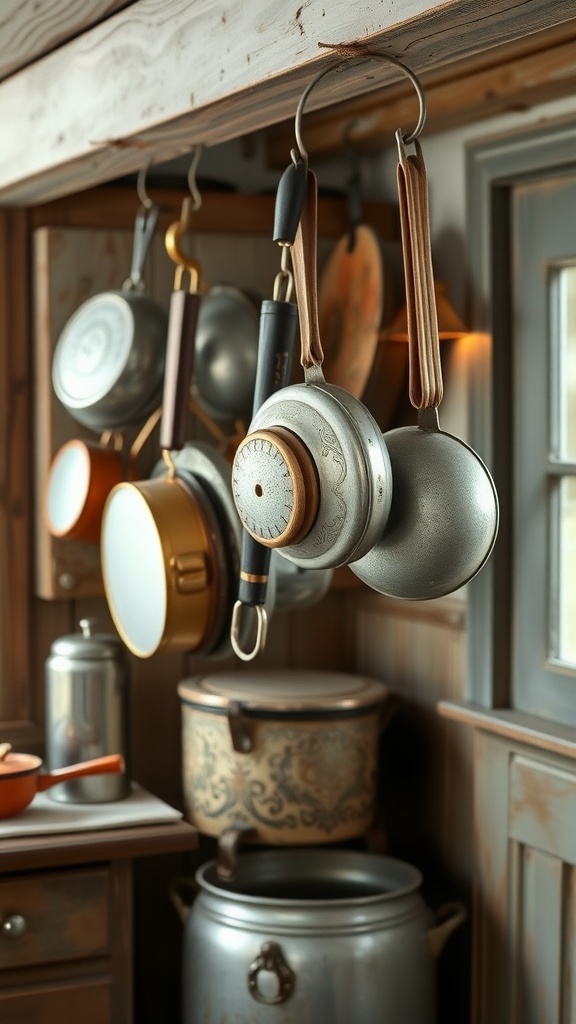 A display of vintage cookware including hanging pots and pans in a rustic kitchen.