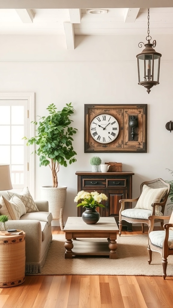 A cozy French cottage living room featuring vintage decor, wooden furniture, and plants.
