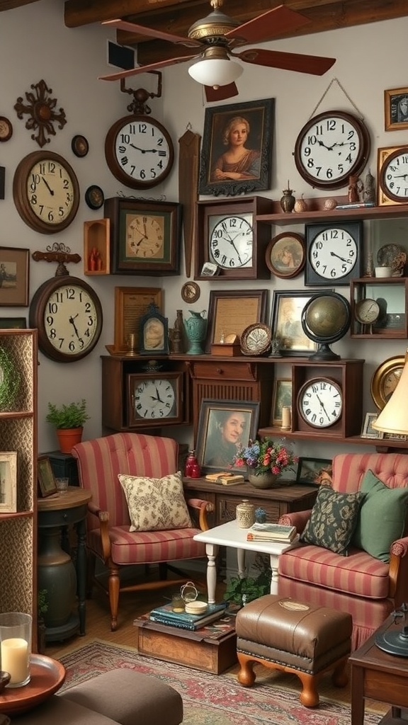 A rustic living room featuring vintage decor with various clocks and framed portraits on the wall.
