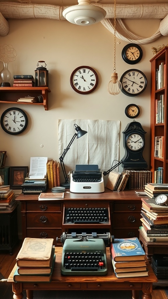 A rustic office with vintage decor, featuring typewriters, books, and wall clocks.