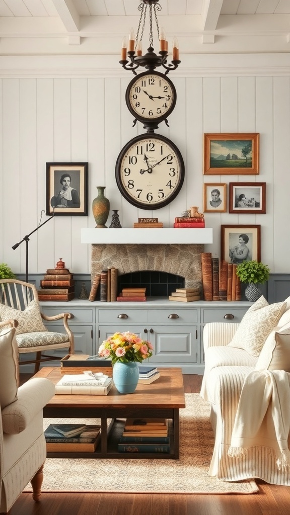 A cozy farmhouse living room featuring vintage decor accents like clocks, framed photos, and a rustic vase.