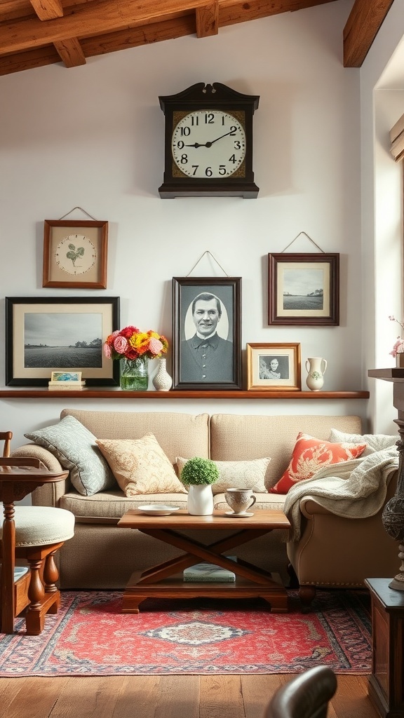 A cozy farmhouse living room with vintage decor, including a clock, framed photos, and a colorful rug.