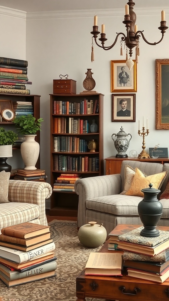 A cozy industrial farmhouse living room with vintage decor, including stacked books, classic vases, and framed portraits.