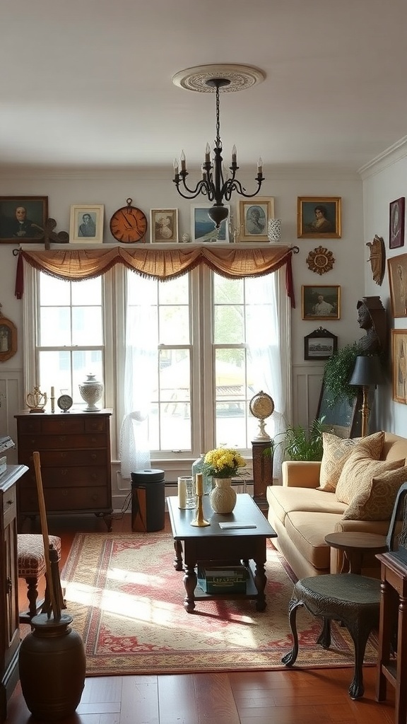 Cozy English cottage living room with vintage decor and antiques.
