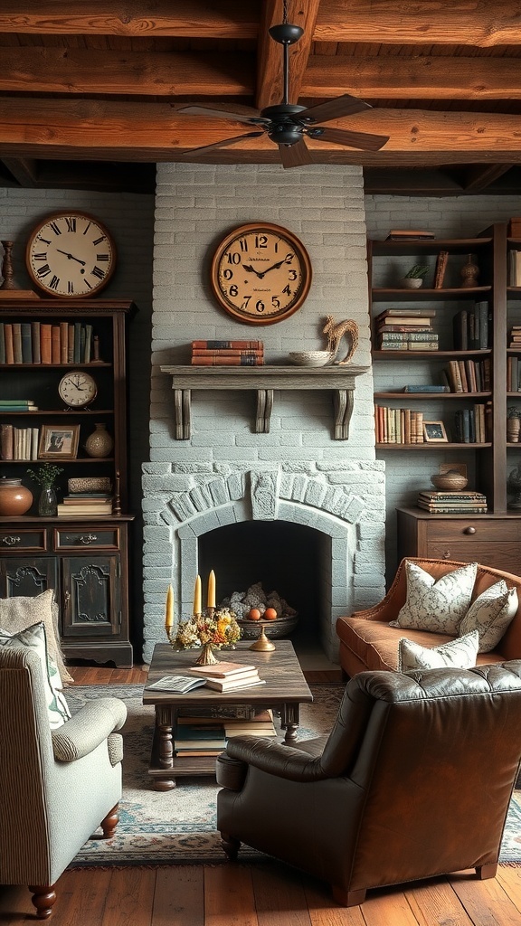 A rustic farmhouse living room featuring vintage decor elements like old clocks, paintings, and books.
