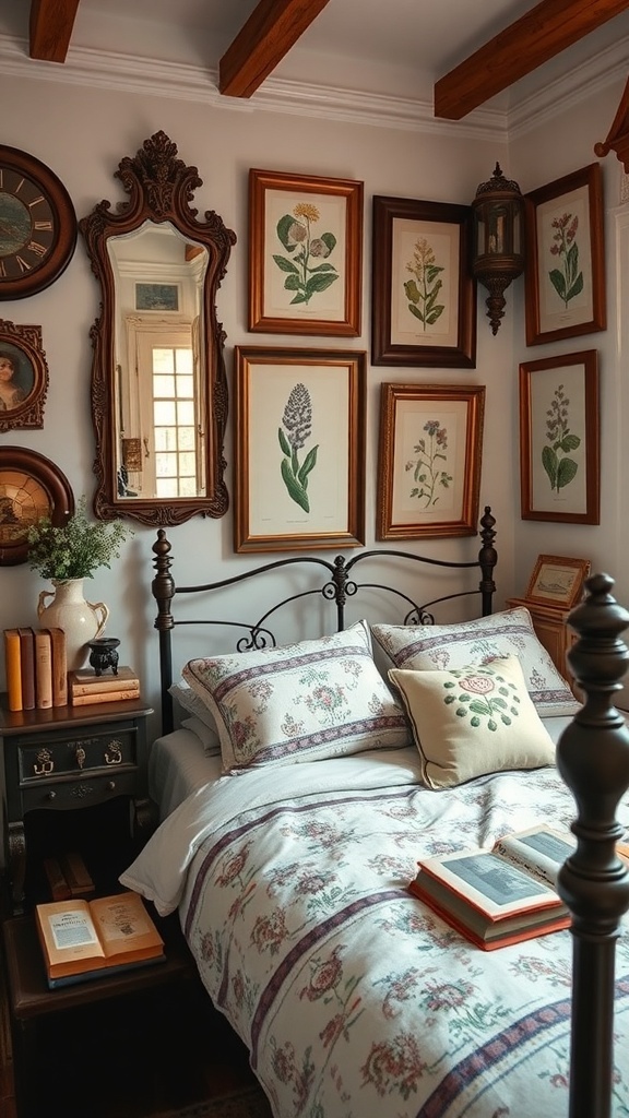 A cozy vintage cottagecore bedroom featuring floral prints, antique mirrors, and wooden furniture.
