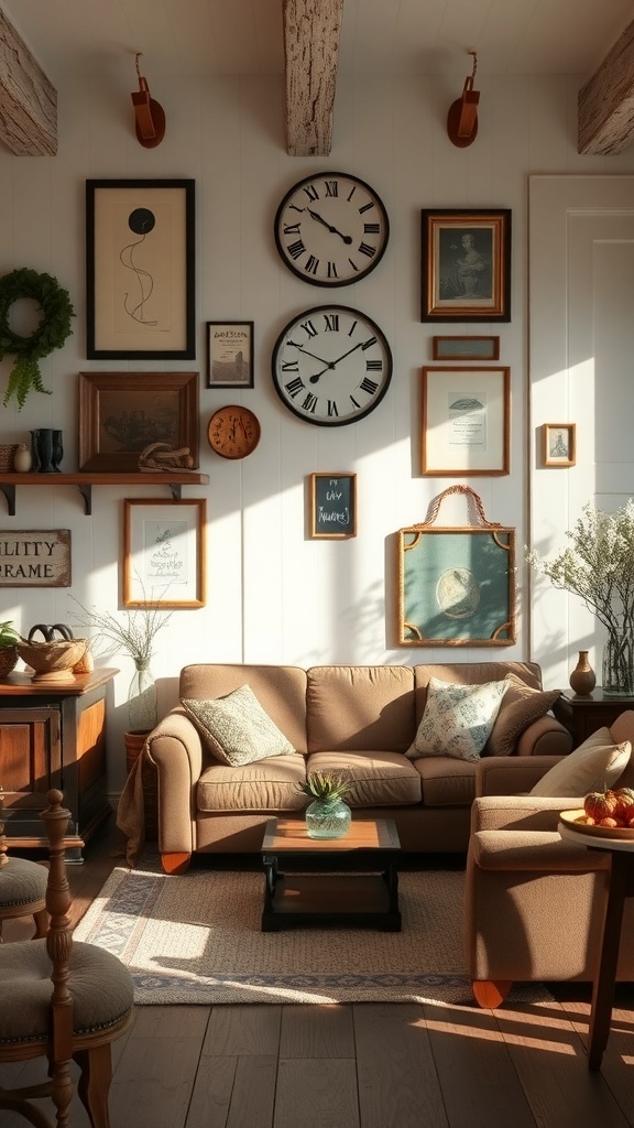 A cozy farmhouse style living room with vintage decor, including clocks and framed art.