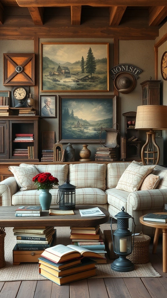 Cozy rustic living room with vintage decor, including paintings, books, and a comfortable sofa.
