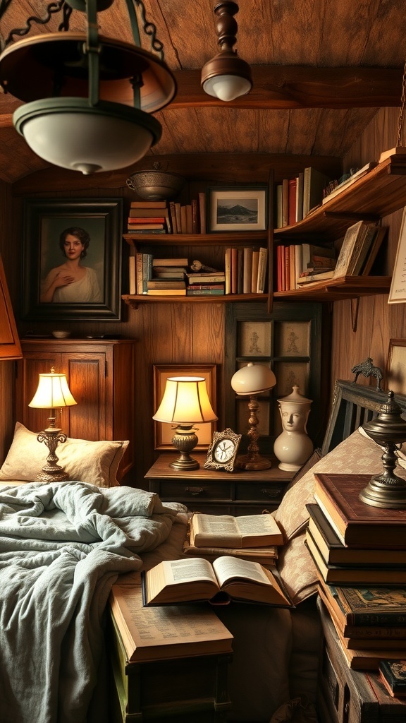 Cozy rustic bedroom with vintage decor elements, including old books, lamps, and framed portraits.