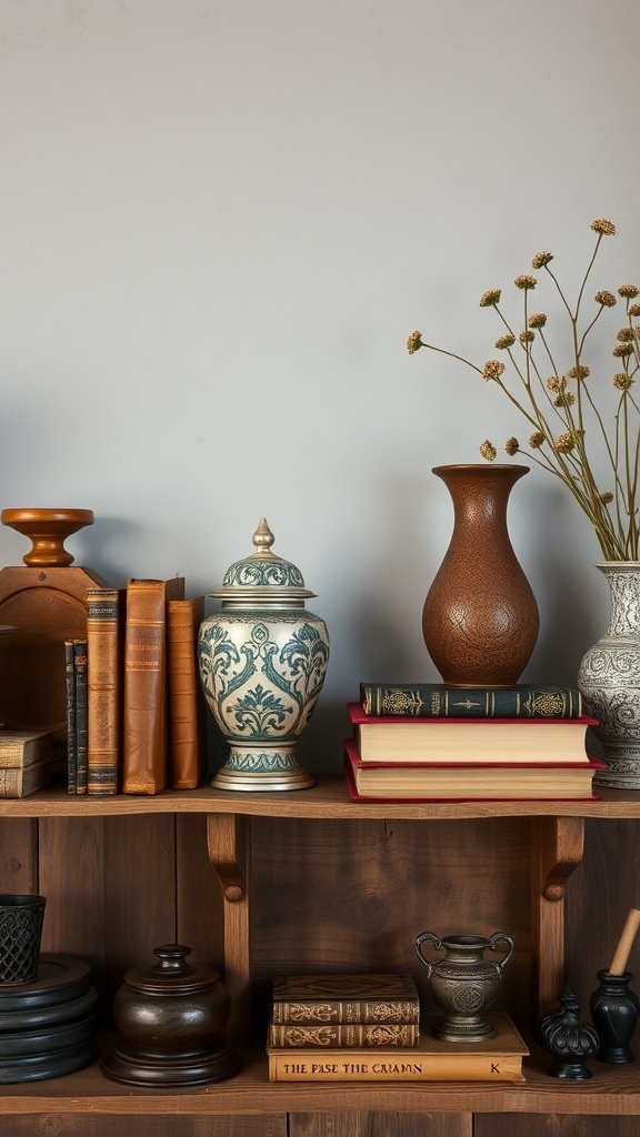 A rustic shelf displaying vintage decor items including books, vases, and decorative jars.