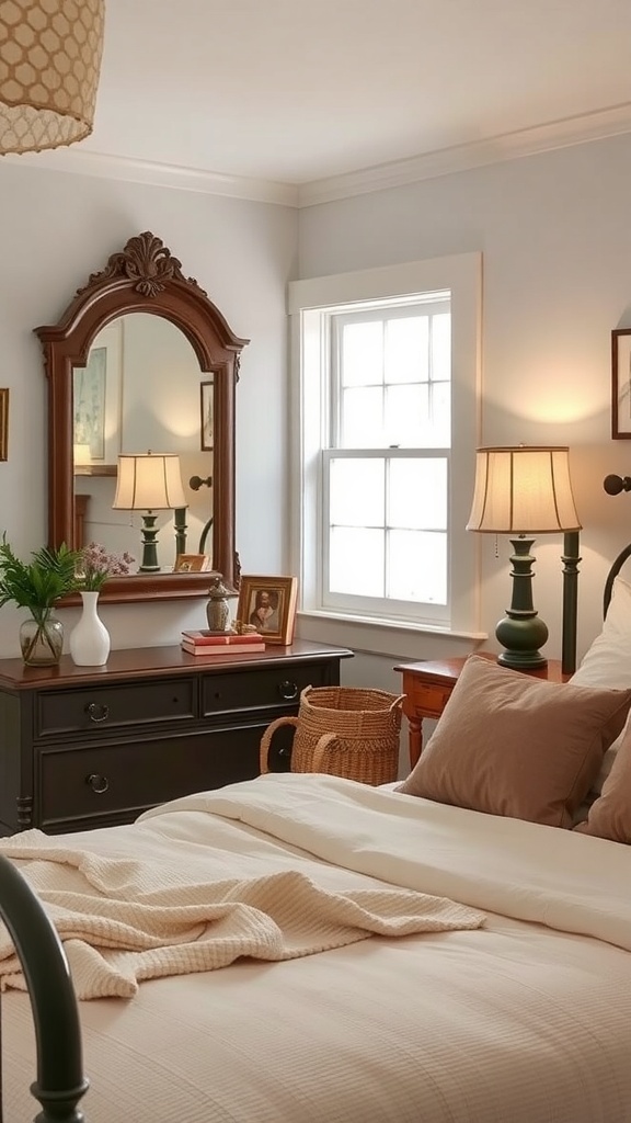 A vintage farmhouse bedroom featuring a decorative mirror, lamp, and nightstand.